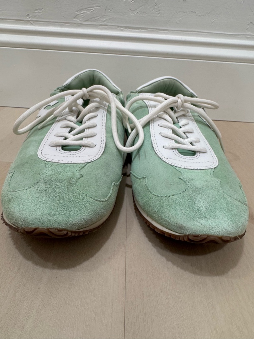 Tory Burch Mint Green White Suede Leather Logo Sneakers Women's 9.5 - Picture 6 of 15